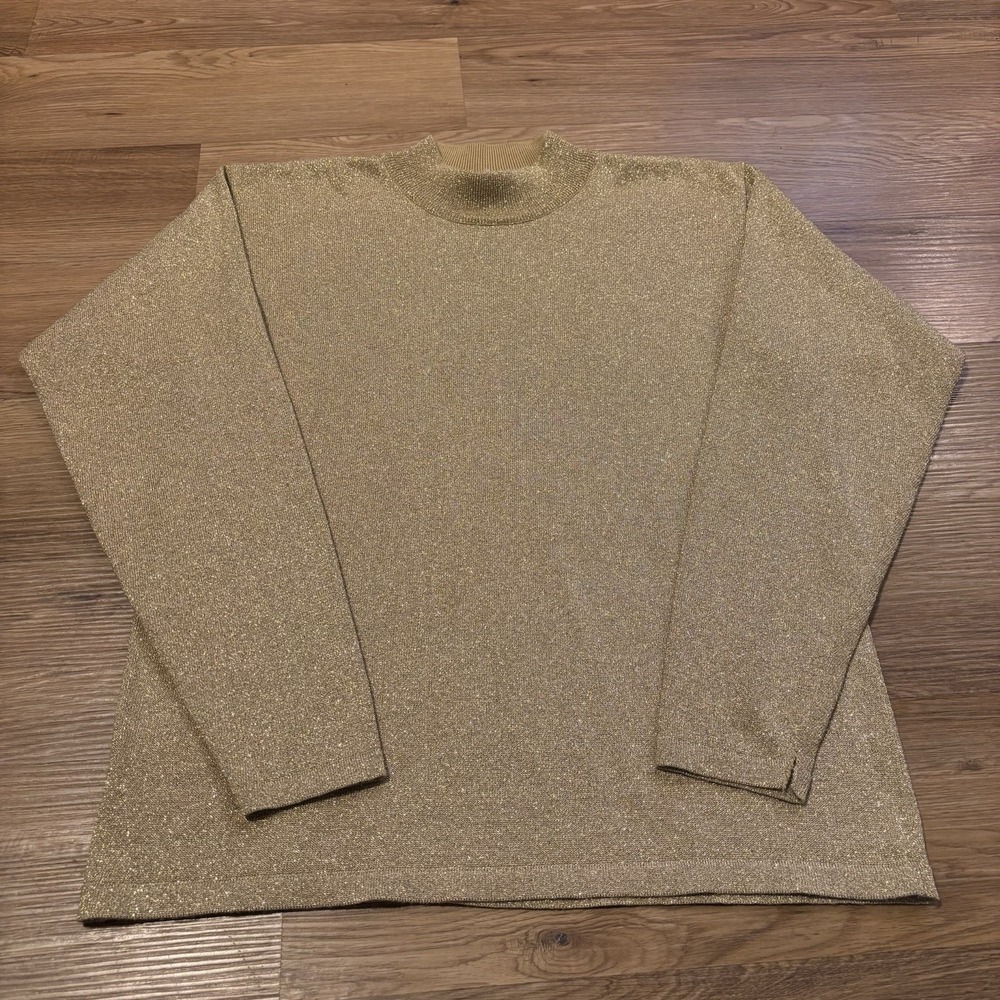 Vintage 80s Vivat‎ Gold Metallic Mock Neck Shimmer Top Women's Large Disco Party